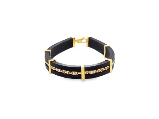 Bla12.800ck Leather Bracelet with 18K Gold Chain and Synthetic Stones